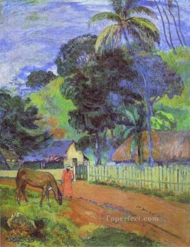  primitivism art painting - Horse on Road Tahitian Landscape Post Impressionism Primitivism Paul Gauguin